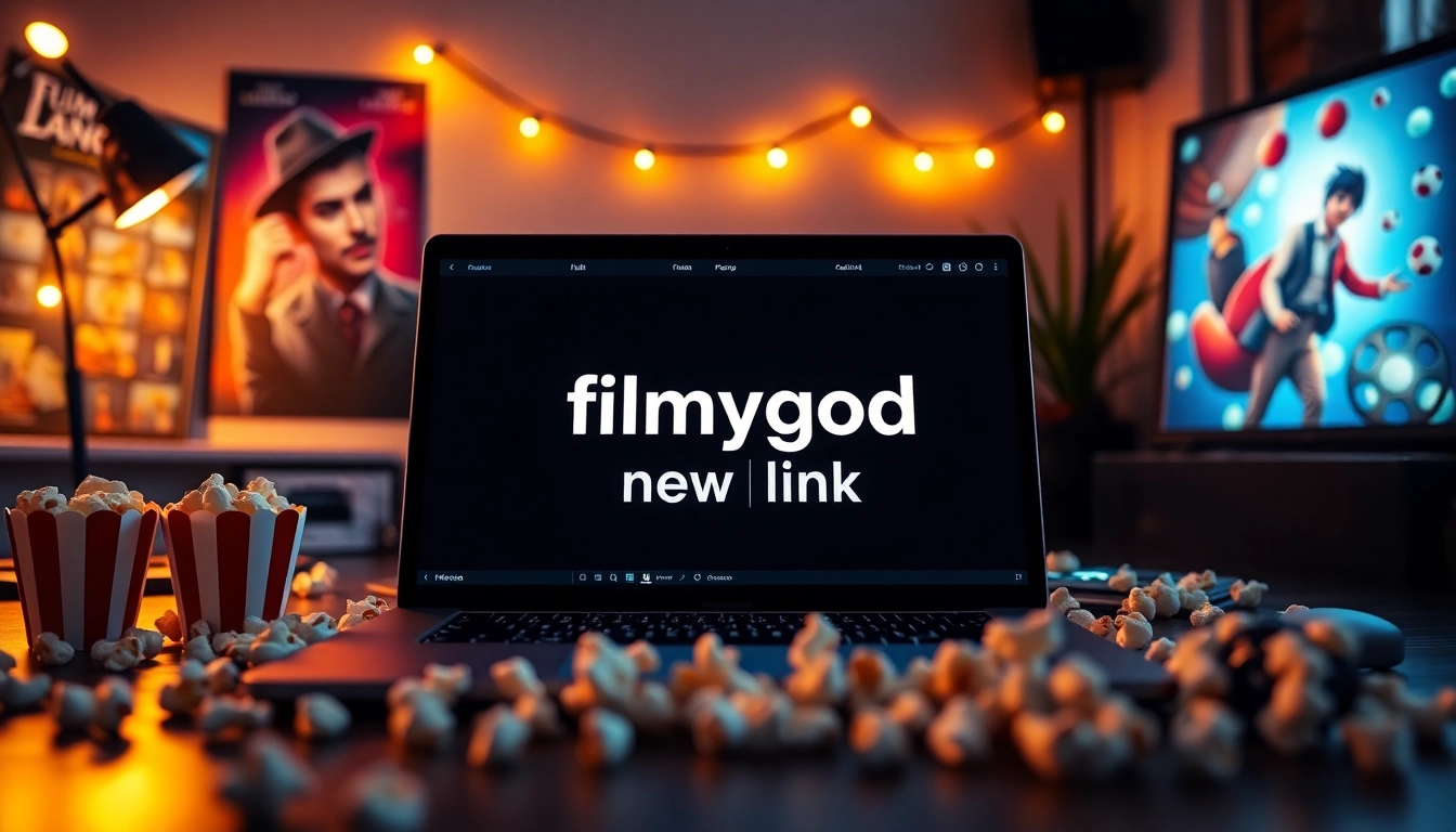 View the latest filmygod new link on a laptop in a vibrant digital workspace surrounded by popcorn.