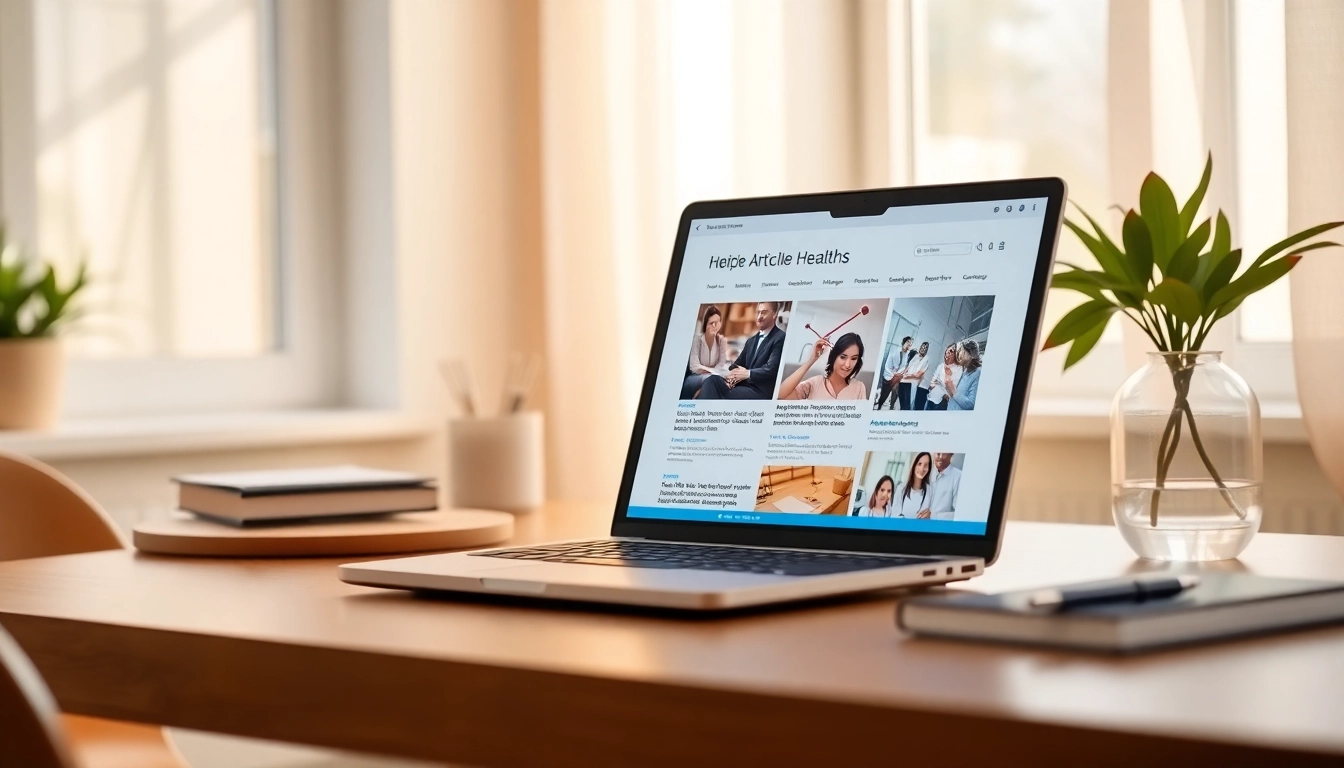 UploadArticle health articles displayed on a laptop in a bright workspace.