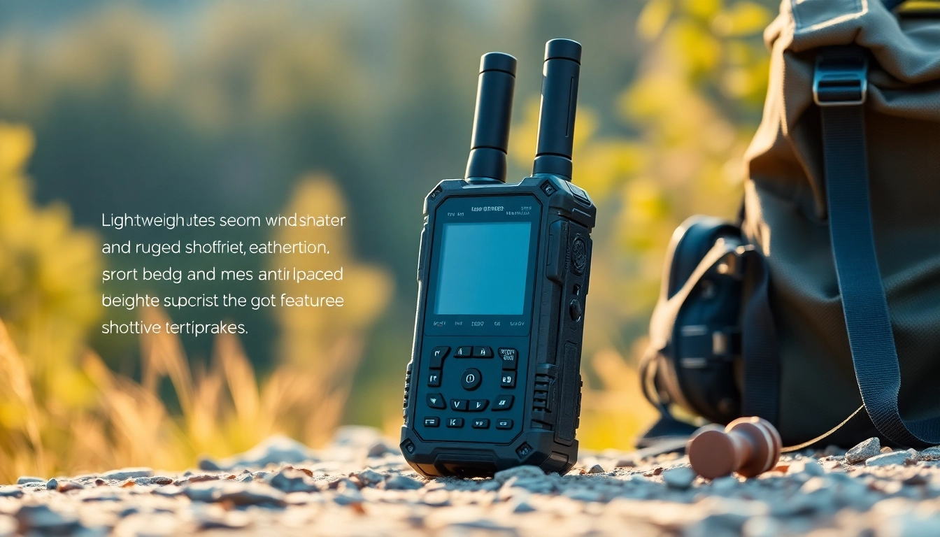 A user engaging with a portable communications device in the wilderness for seamless connectivity and adventure.