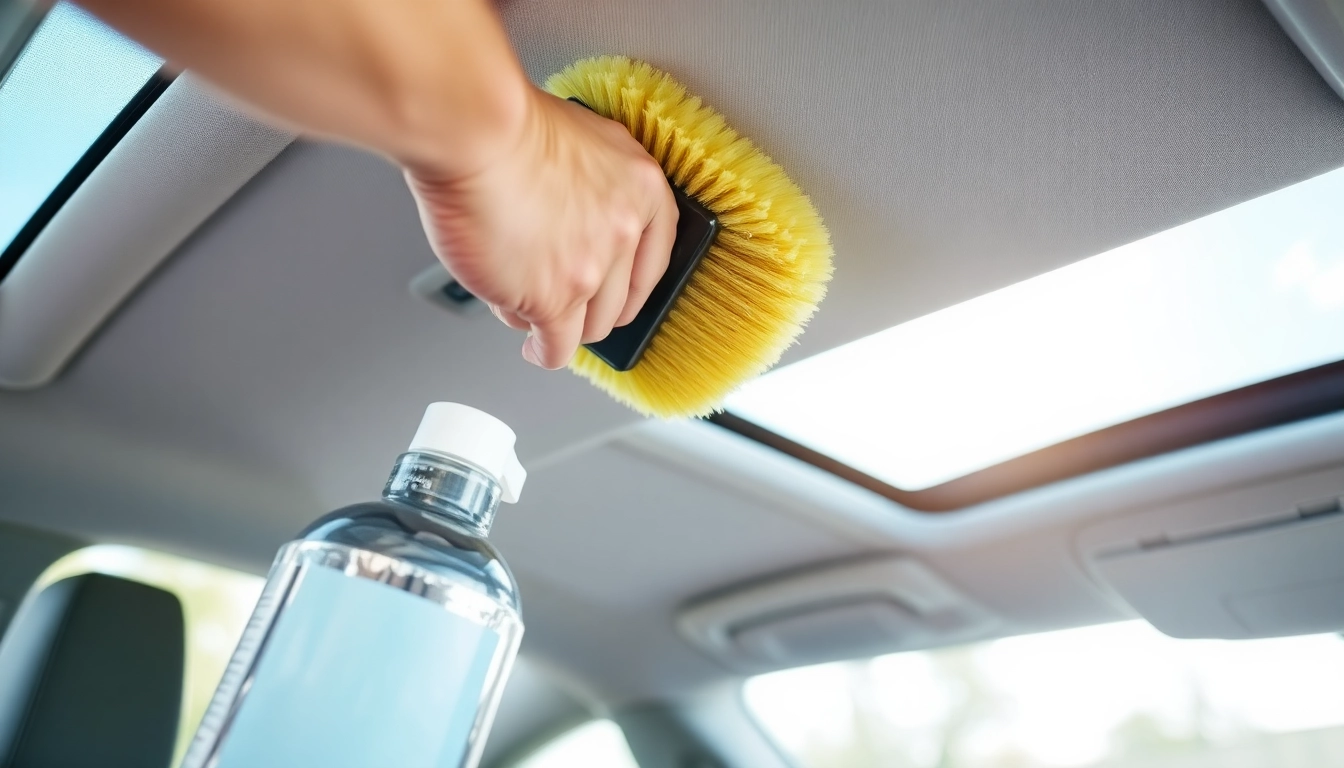 Cleaning the roof of a car to remove stains effectively using upholstery cleaner.