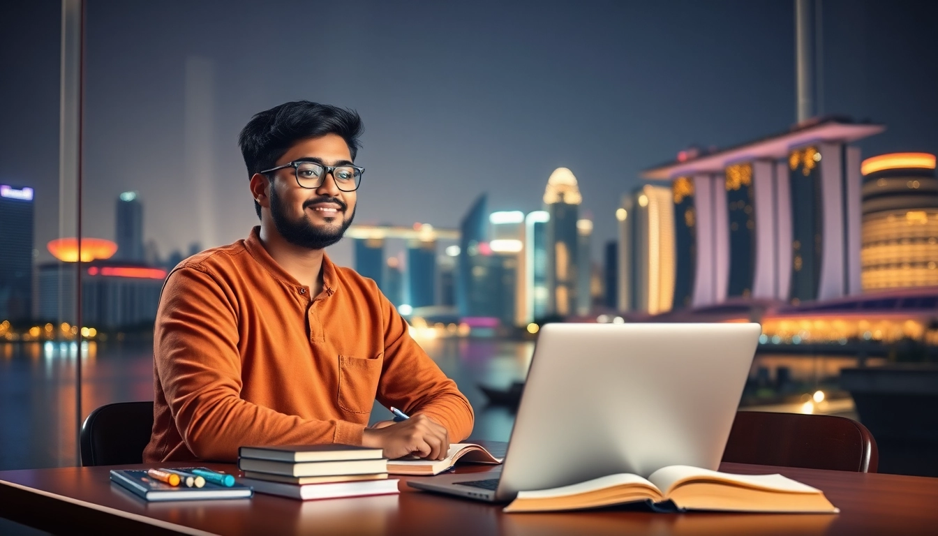 Indian student studying for an MS in Singapore, with iconic landmarks in the background.