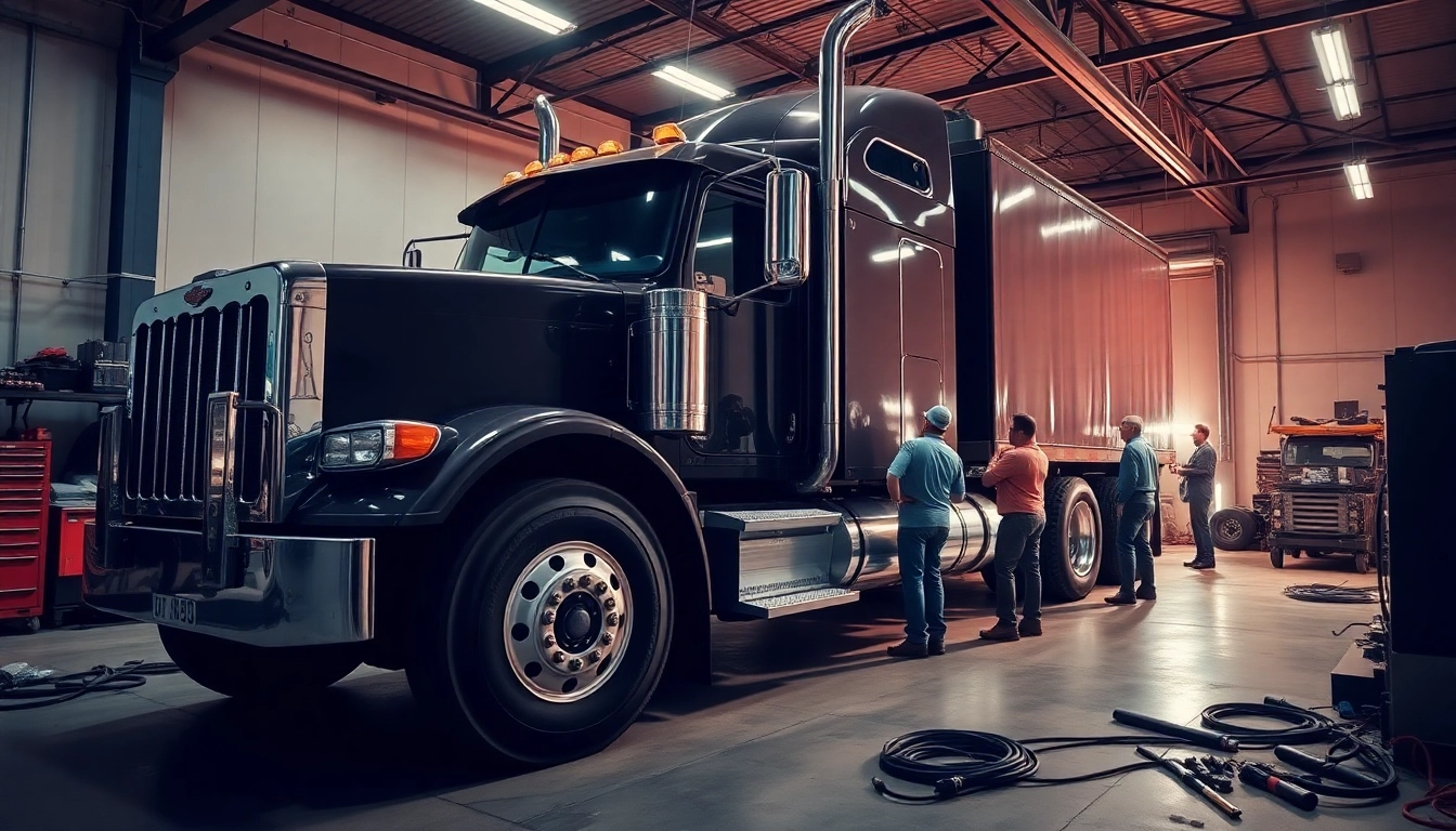 Fleetmasters' expert mechanics performing maintenance on heavy-duty trucks in a professional garage setting.