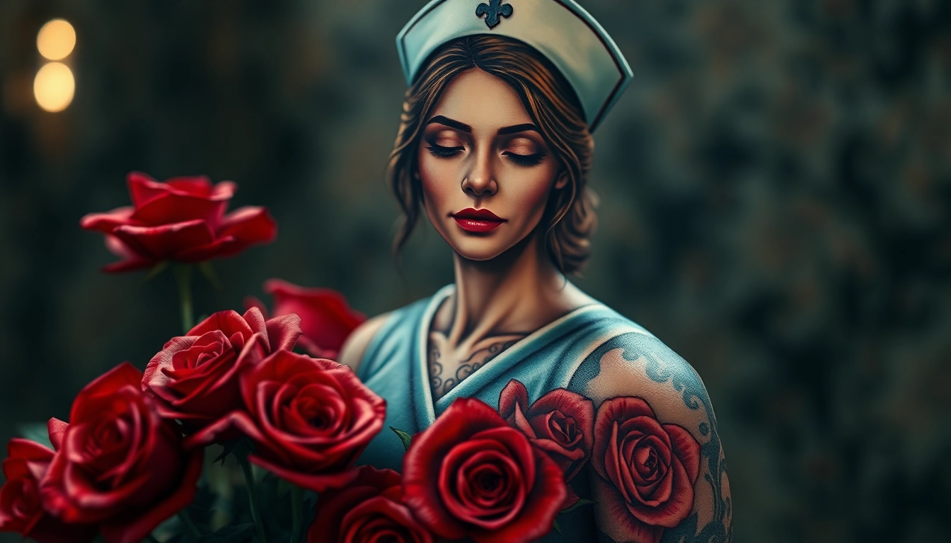 Admire the rose of no man's land tattoo featuring a nurse in red roses, symbolizing courage and sacrifice.