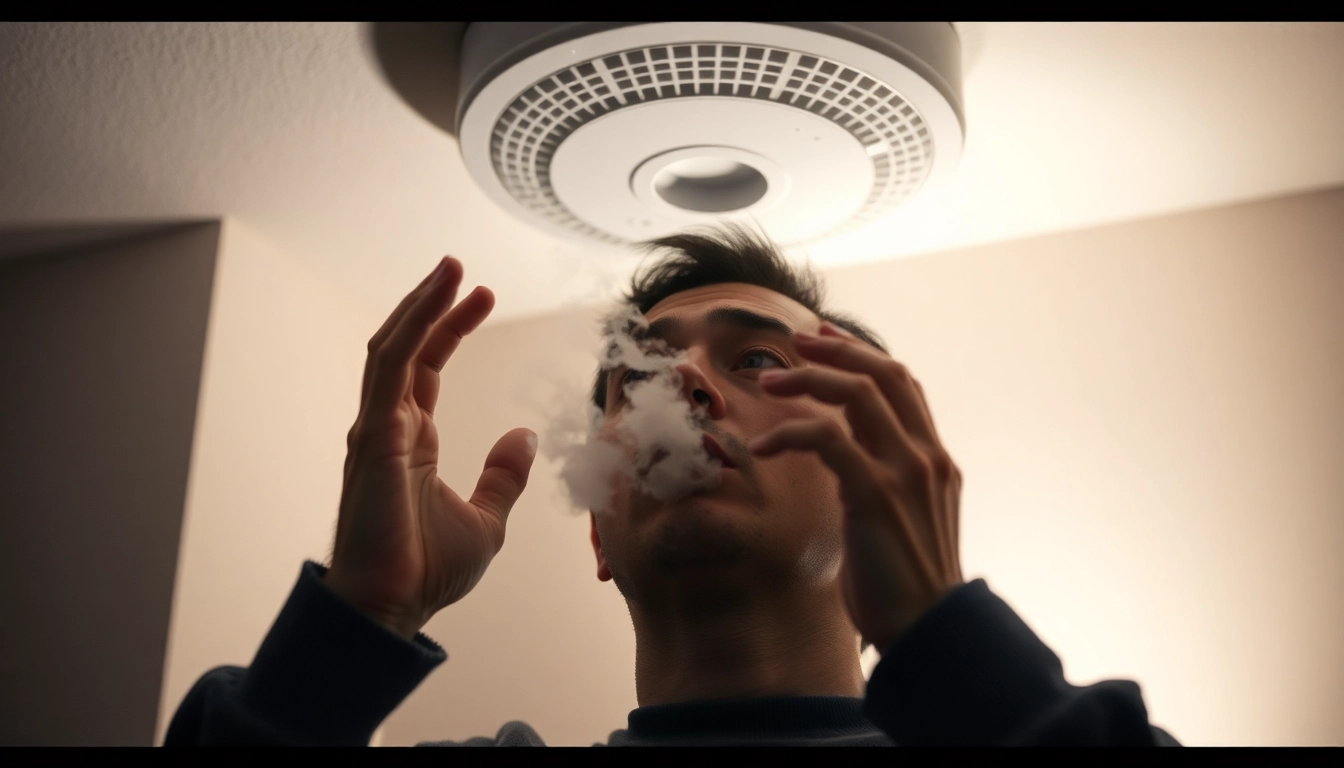 Explore how can vaping cause fire alarm to go off by illustrating vapor inhalation near a smoke detector.