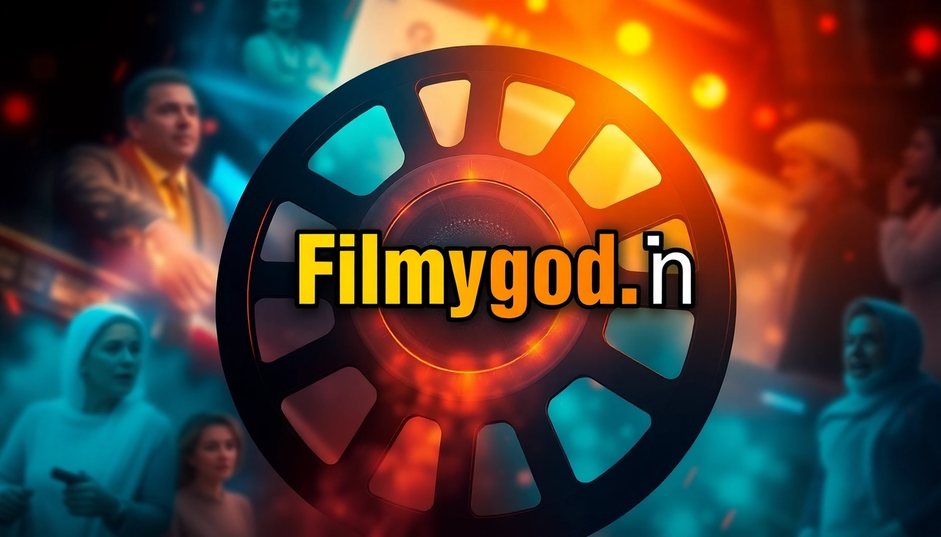 Highlight the exciting offerings of filmygod.in with a vibrant movie-themed poster.