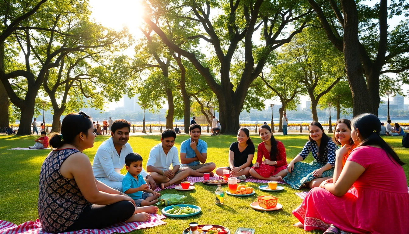 Families enjoying quality time at picnic places in Mumbai, surrounded by greenery and city views.