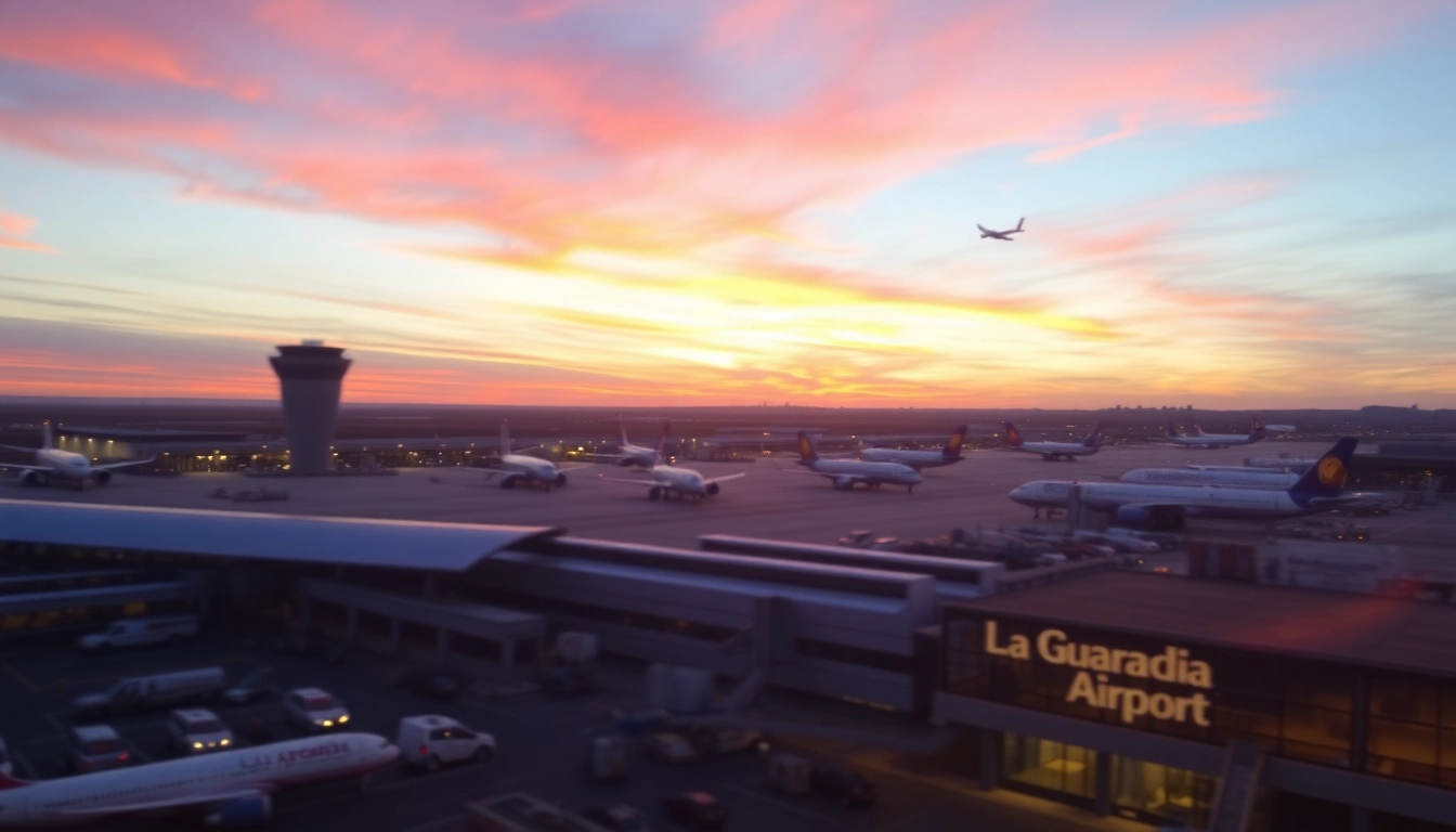 The distance to LaGuardia Airport is highlighted in this vivid sunset image showcasing airplanes in motion.