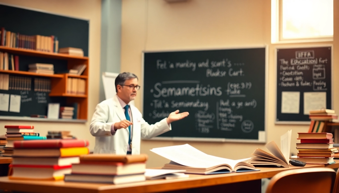 Illustrate how semantics refers to the study of meaning in language, featuring a classroom with a professor explaining concepts.