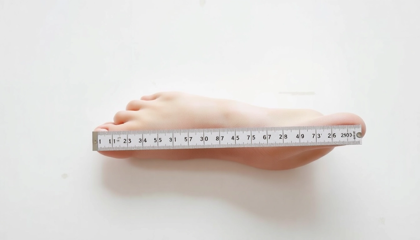 Illustrate a wide feet example with measuring tape, showing foot dimensions for clarity.