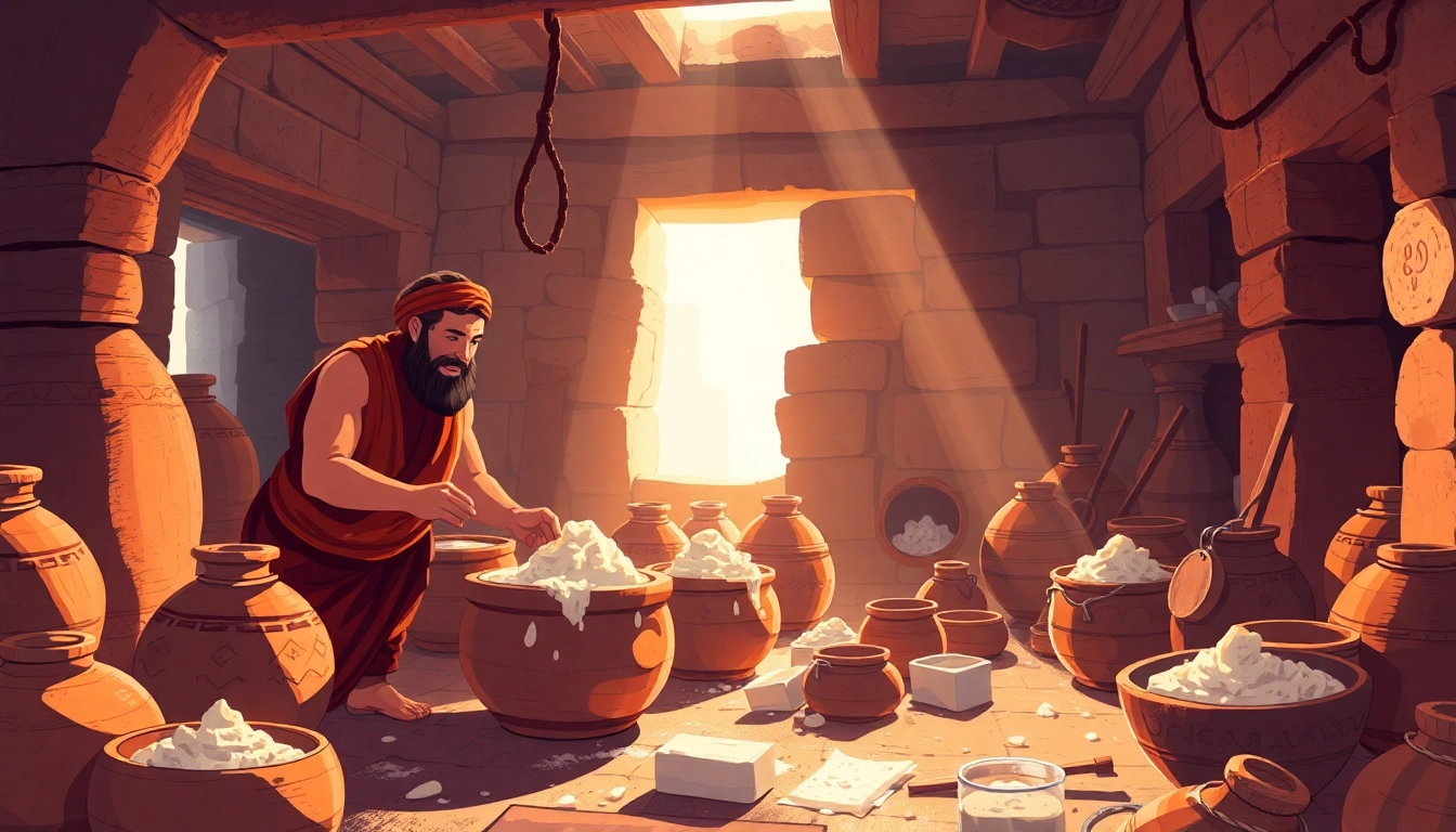 When was cleaning invented: Ancient Babylonians creating soap in a vibrant workshop.