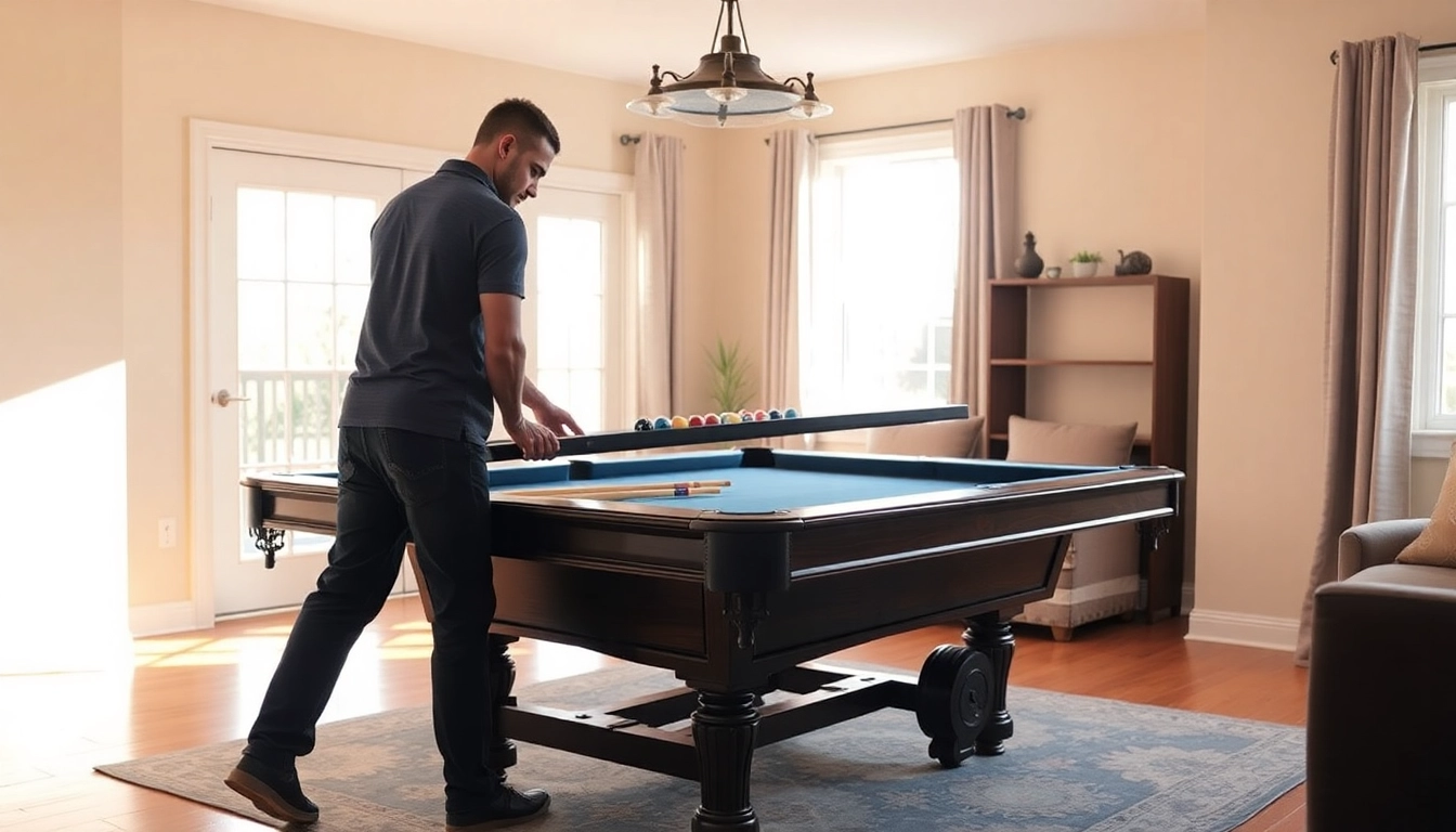 Expert pool table mover in San Diego disassembling a pool table with precision.