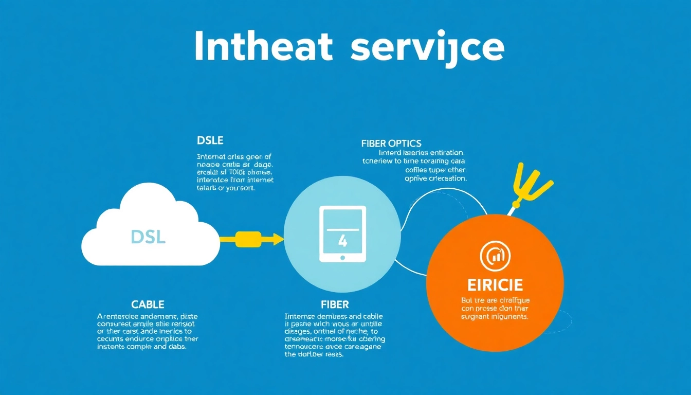 Illustrate which is an internet service? by showing different internet service types including DSL and fiber optics.