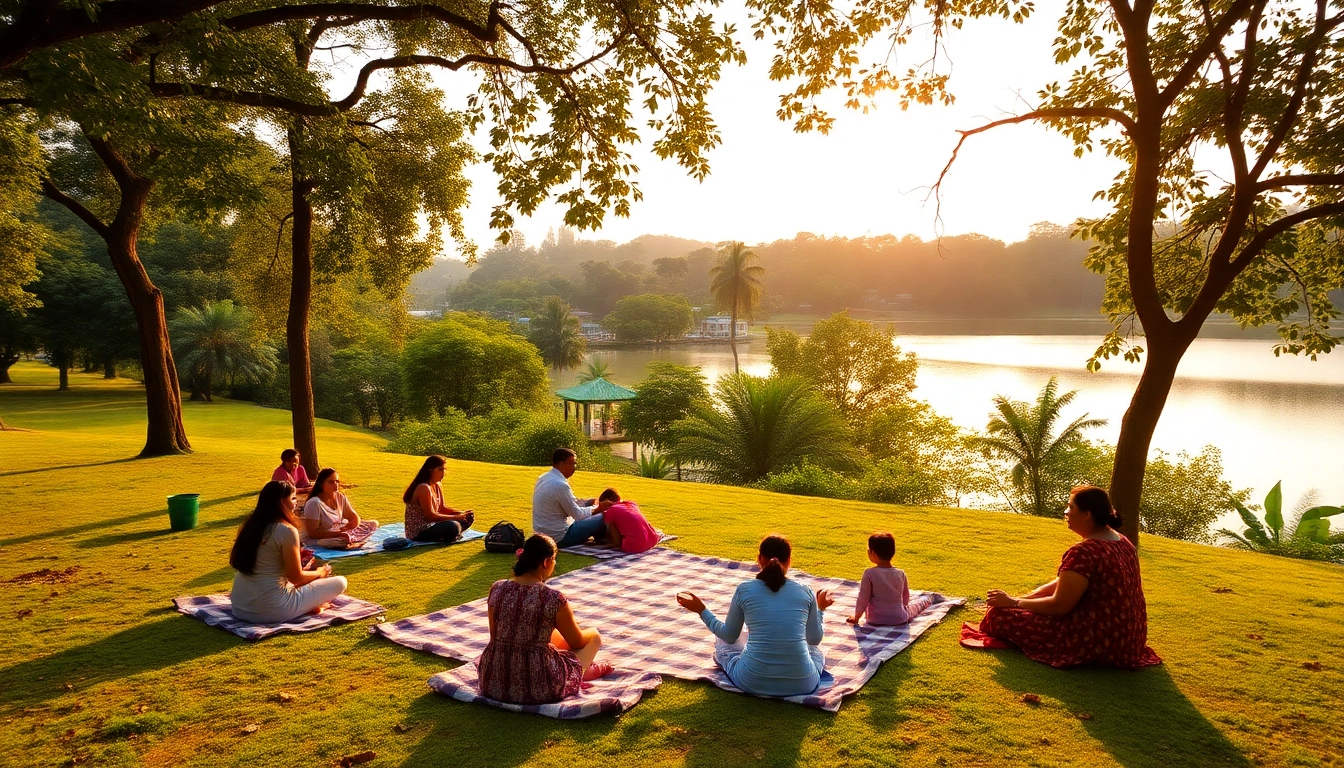 Families relaxing at a near picnic spot Mumbai, enjoying nature's beauty by a tranquil lake.