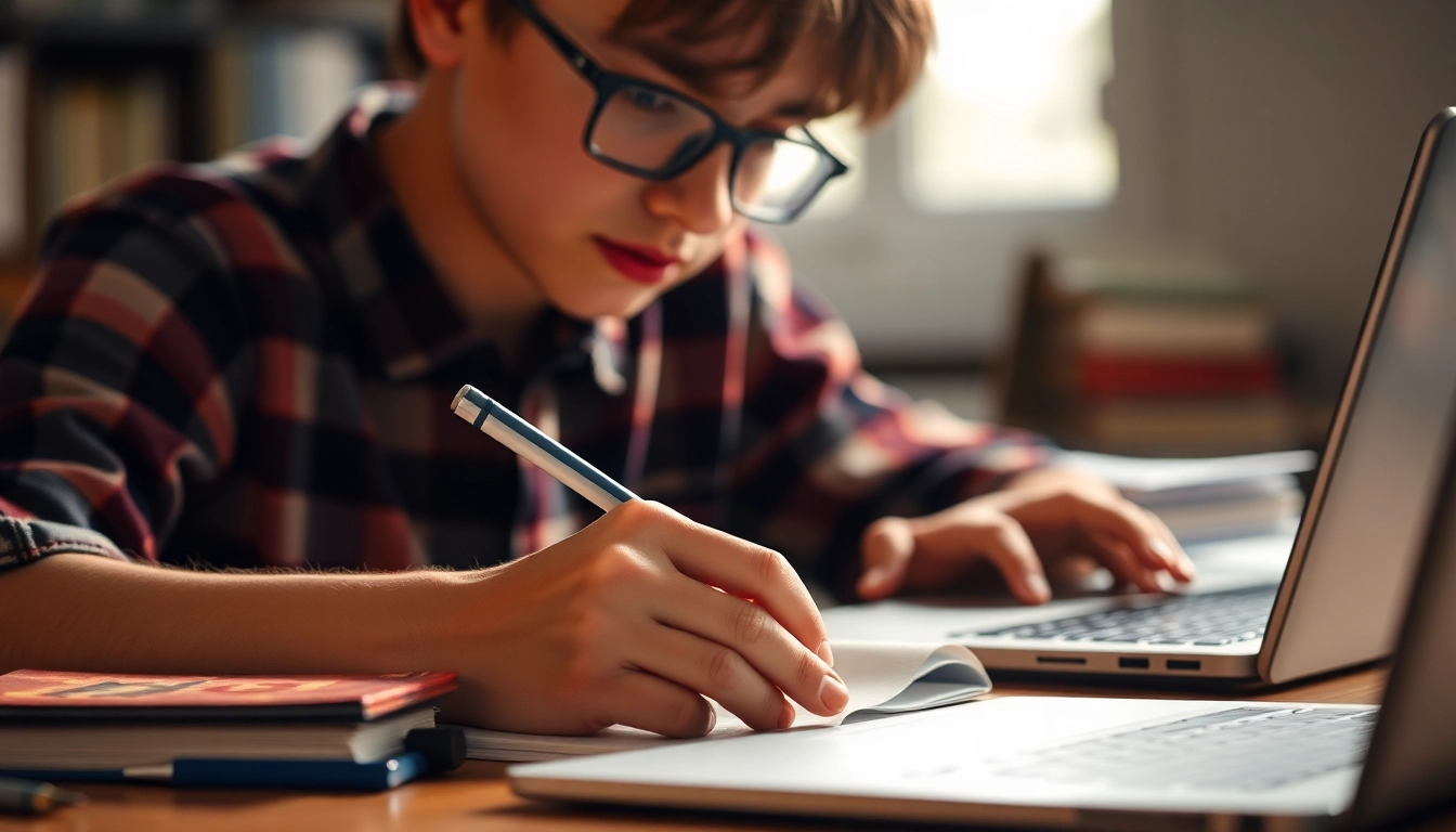 Student composing an essay on communication skills at a desk with books and a laptop.