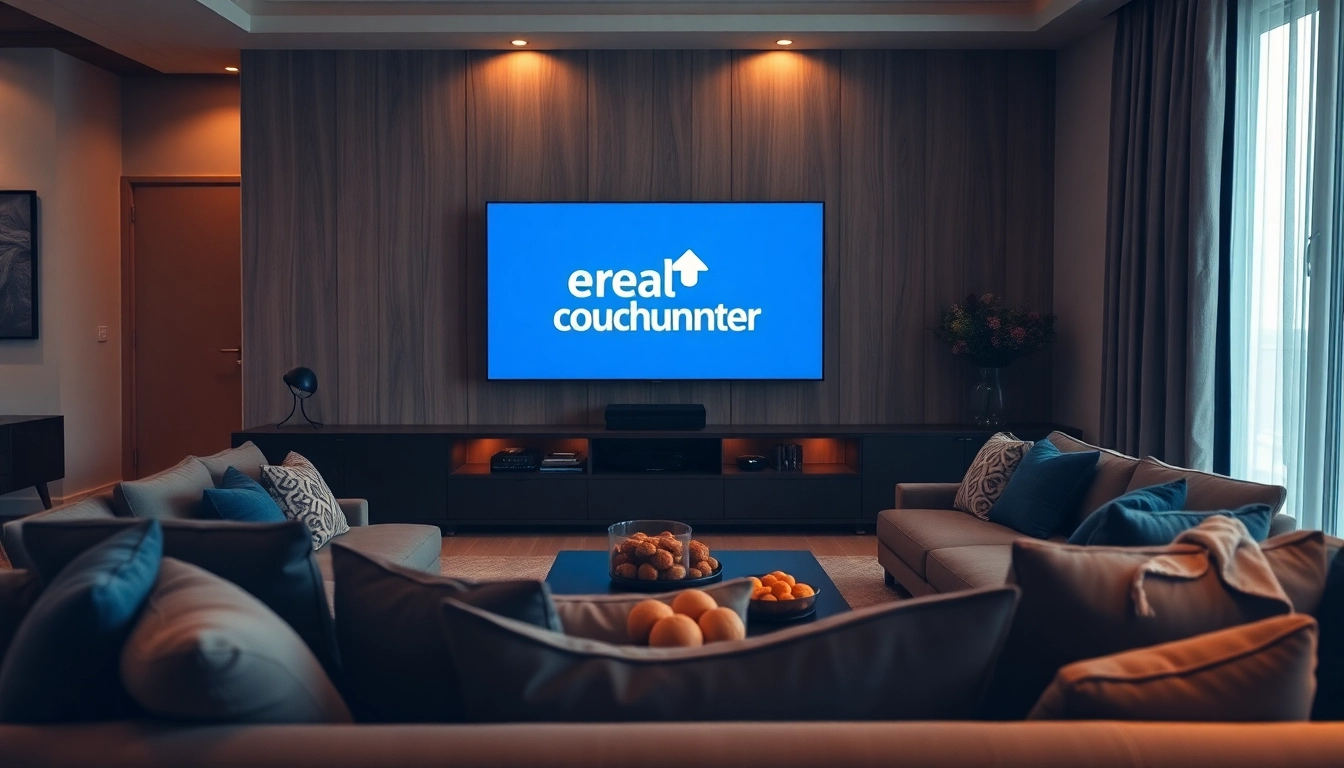 Enjoy cozy movie nights with the realcouchturner logo displayed on a stylish living room TV.