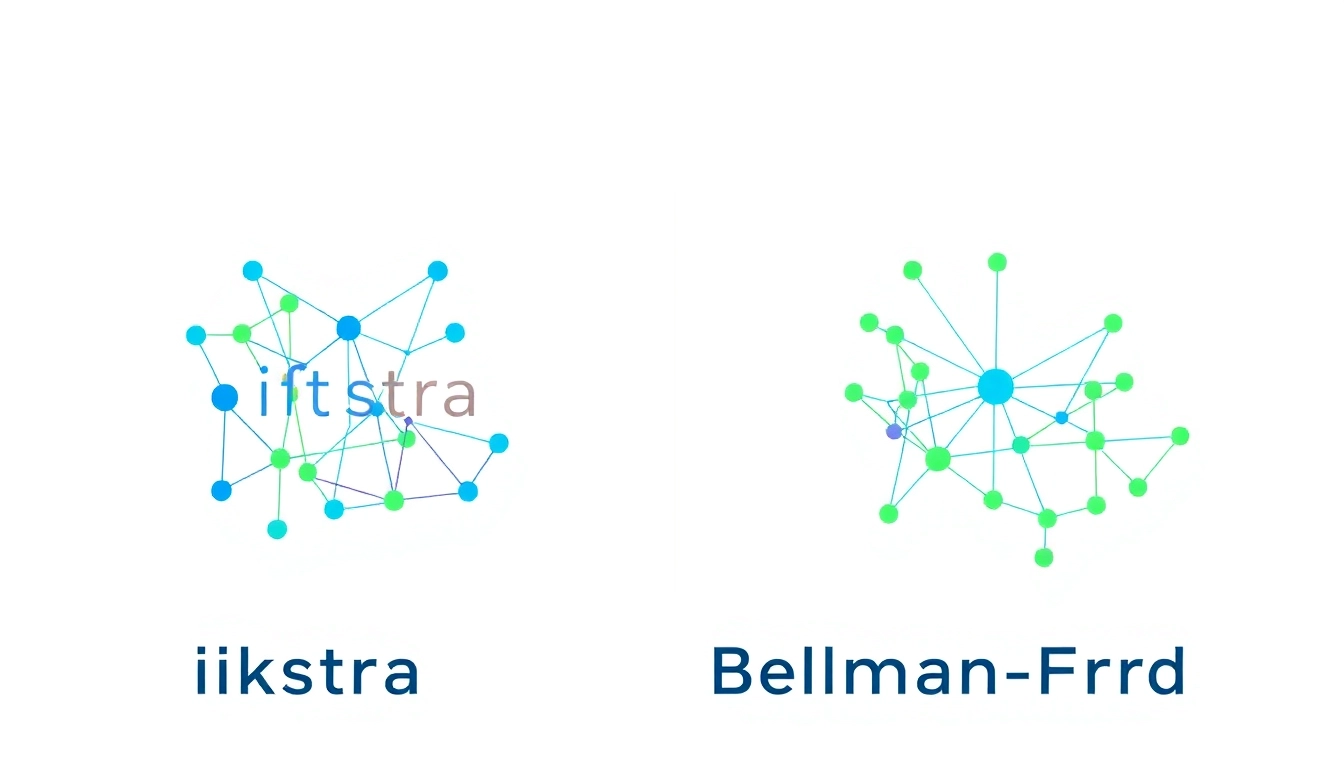 Illustrate the Dijkstra and Bellman Ford algorithm comparison, featuring graph pathways and node connections.