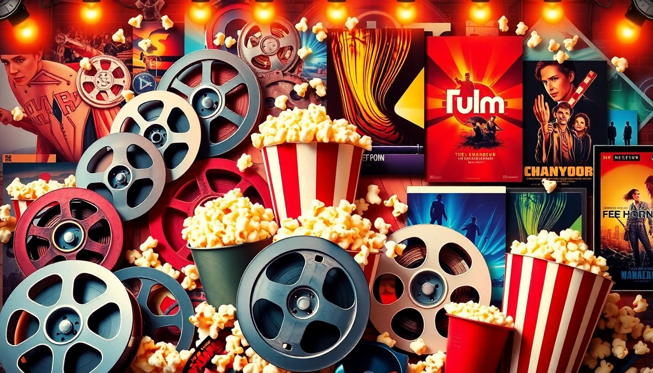 Engage with filmydod through this vibrant collage of films, showcasing cinema elements like reels and popcorn.