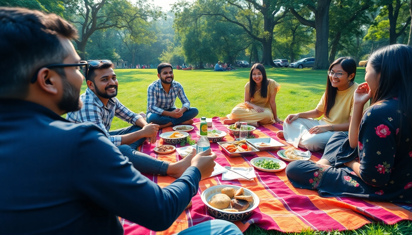 Enjoy a vibrant picnic scene at a mumbai picnic spot for one day, featuring families gathered on a colorful blanket in a lush setting.