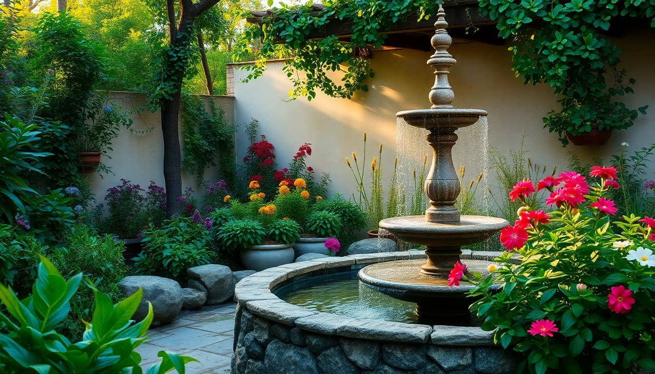 Discover who invented the fountain with an elegant stone piece amidst a beautiful garden.