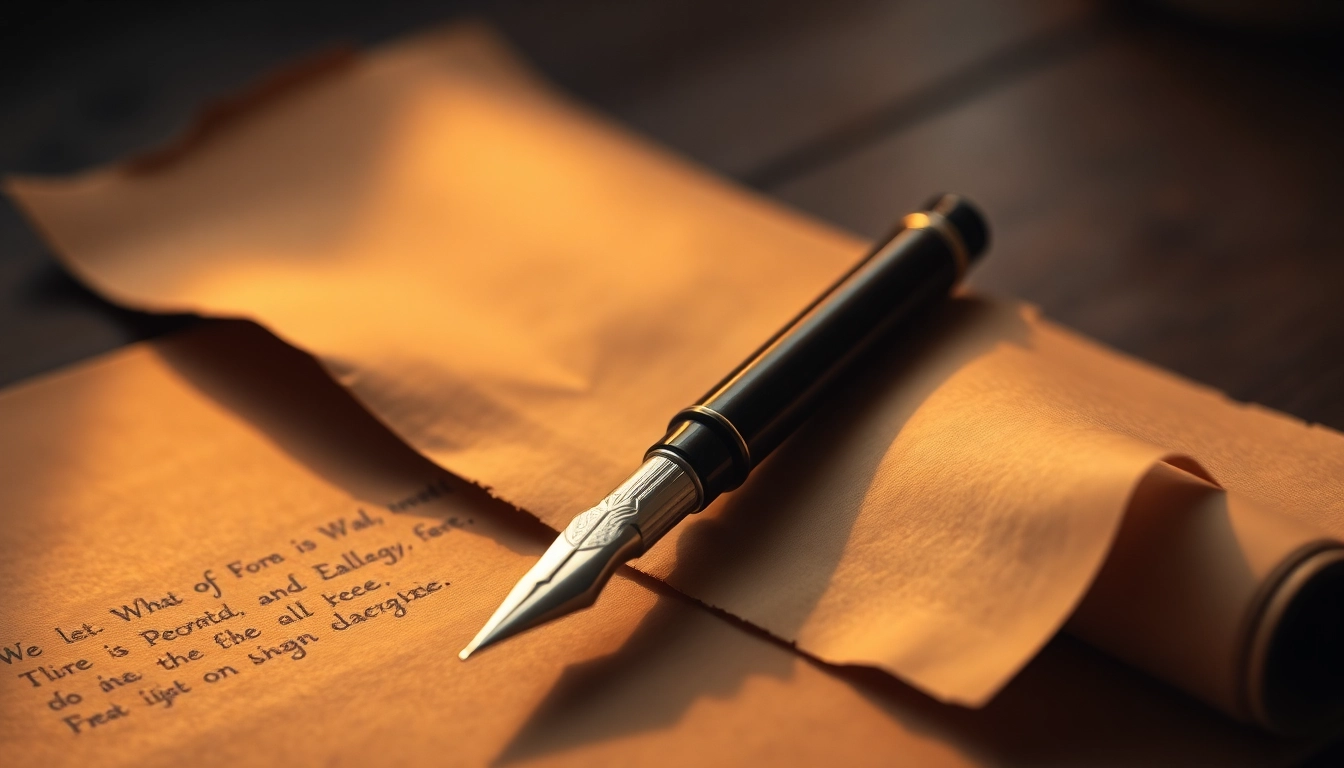 The fountain pen is invented by showcasing a vintage style pen on parchment, highlighting its elegant craftsmanship.