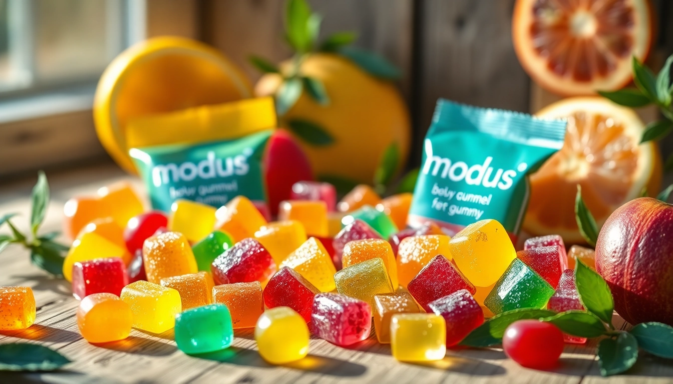 Enjoying mouth-watering modus brand gummies in colorful shapes with fresh fruits, inviting flavor experience.