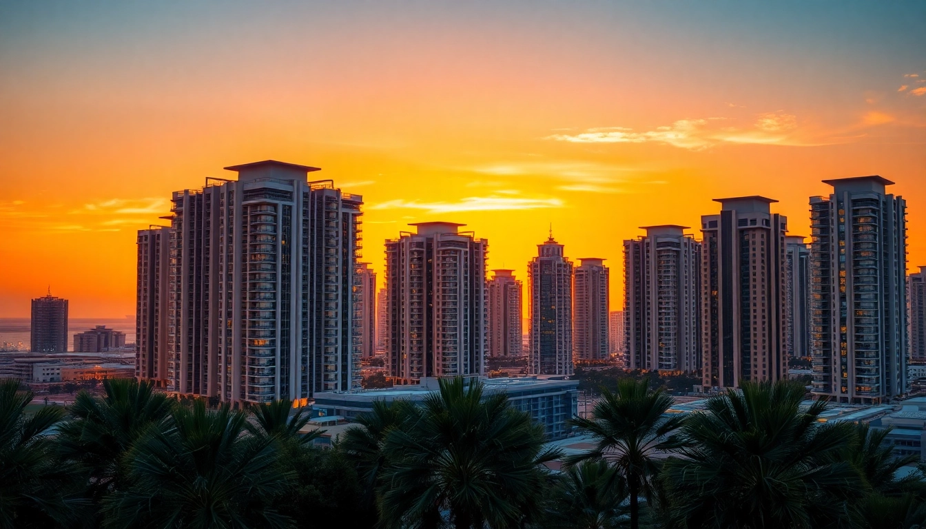 Showcasing real estate developers in Abu Dhabi through a stunning sunset skyline with modern architecture.