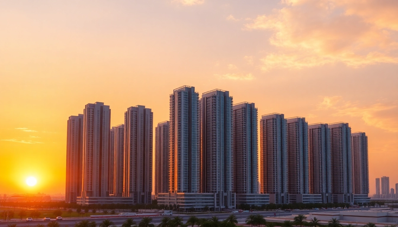 Showcase luxury residential buildings by property developers in abu dhabi against a stunning sunset backdrop.