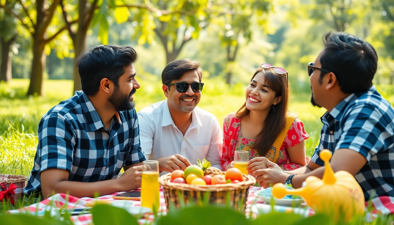 Families celebrating a day picnic in Mumbai, surrounded by lush landscapes and vibrant colors.