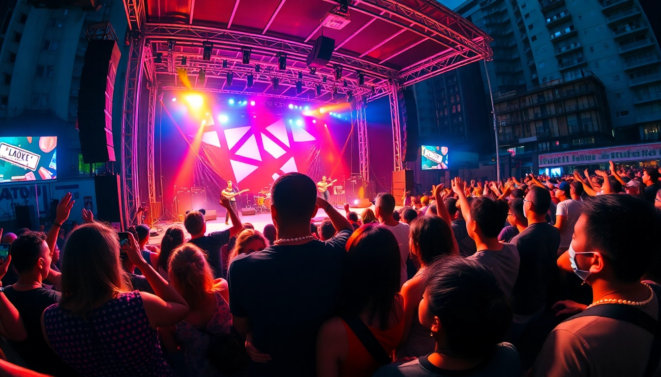 Fans enjoying live concerts with colorful lights on stage, creating an energetic atmosphere.