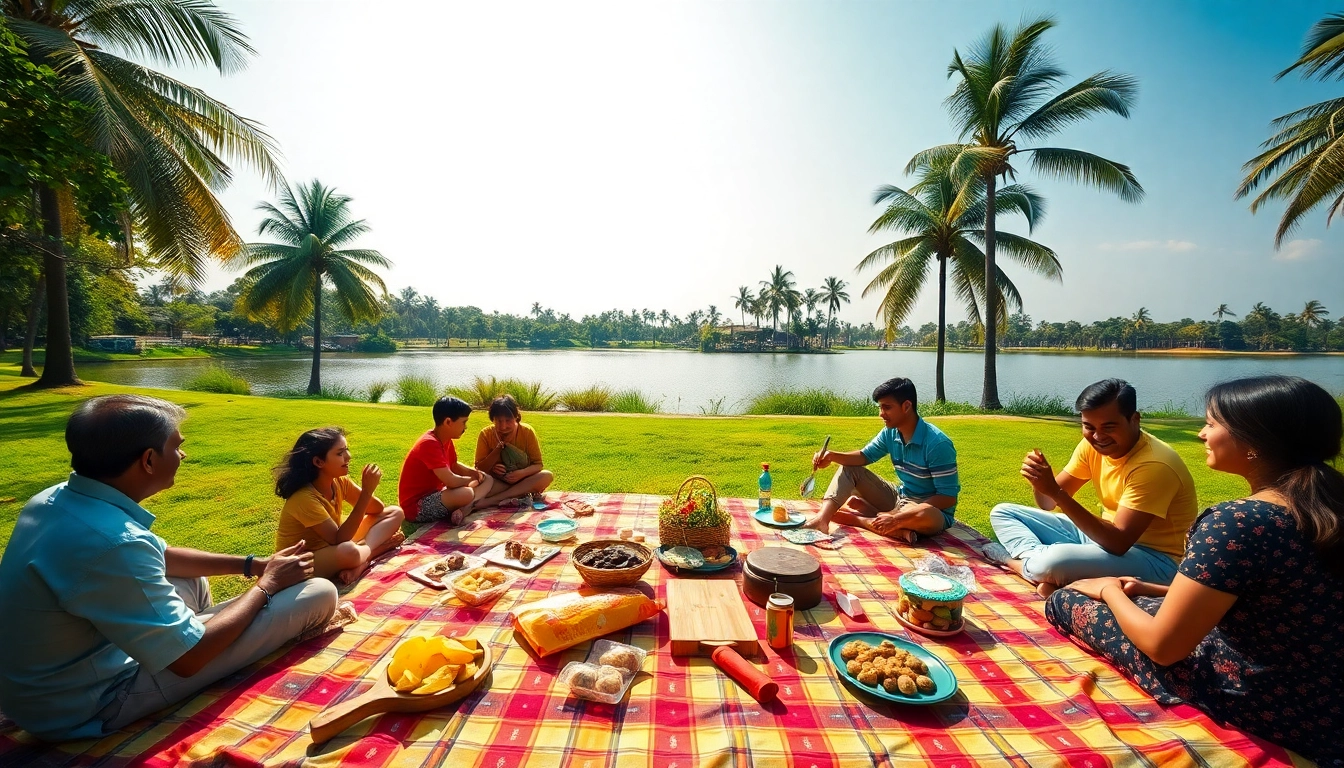 Family enjoying a one day picnic in Mumbai at a scenic lakeside park.