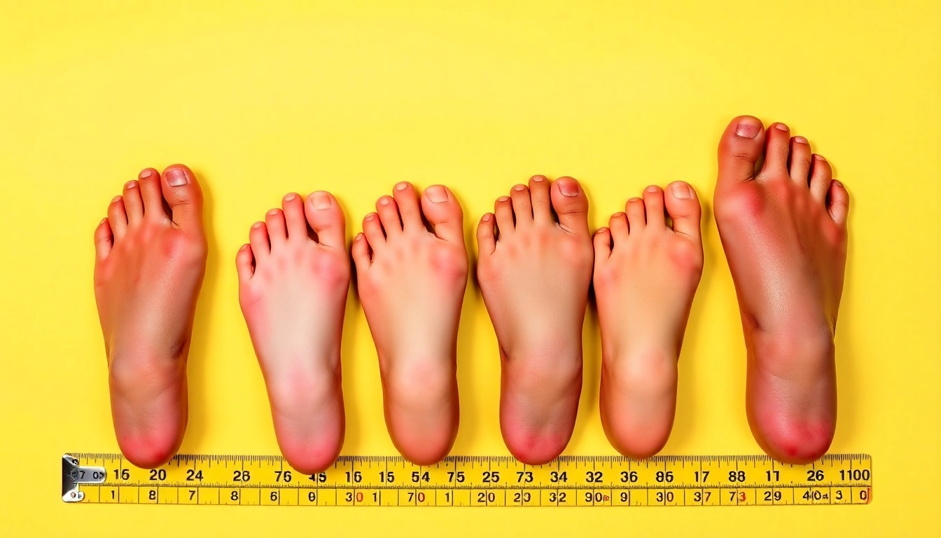 Observe how to tell if you have wide feet by comparing foot width on a tape measure.