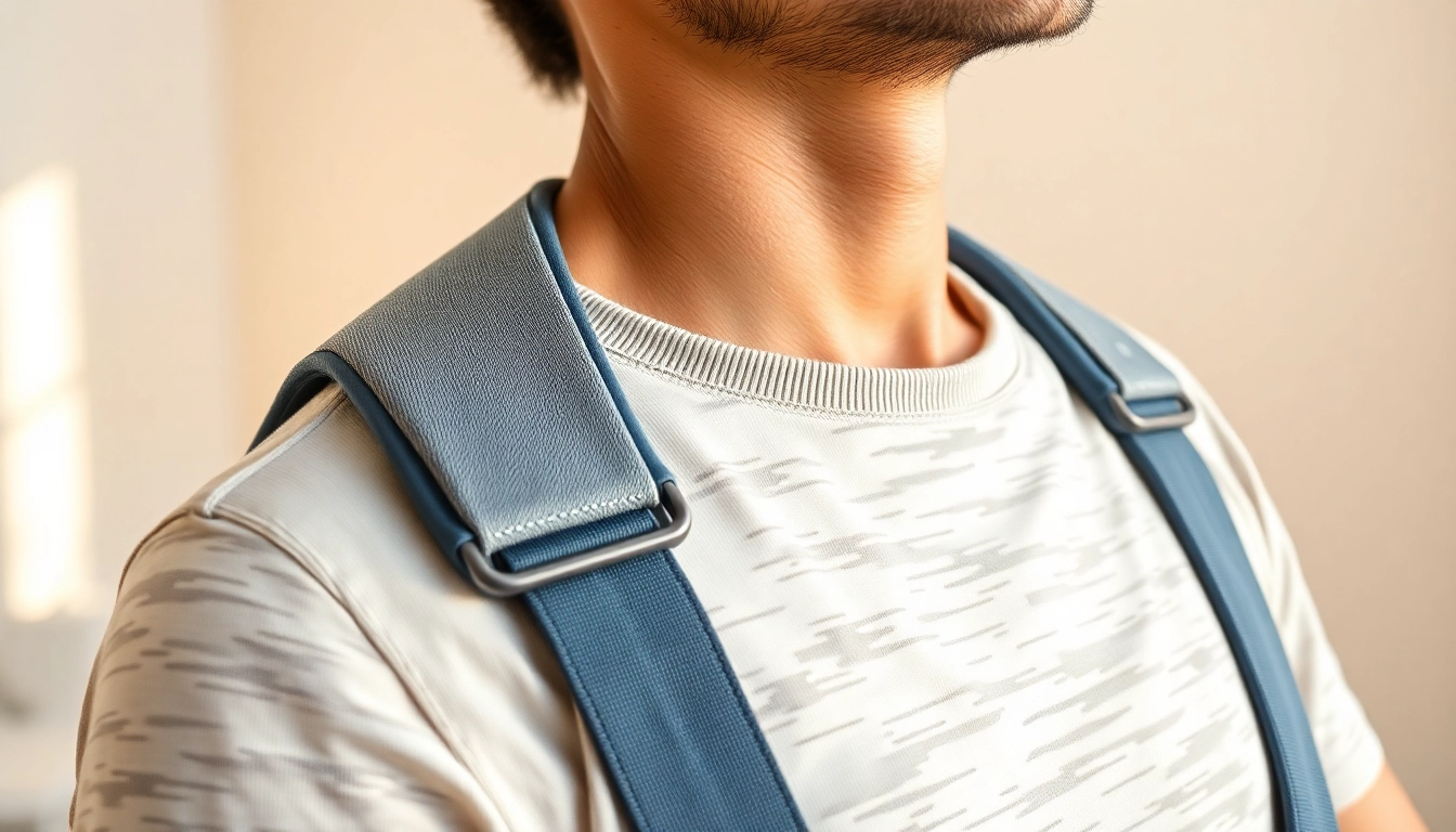 Person adjusting a shoulder support strap for optimal comfort and stability.