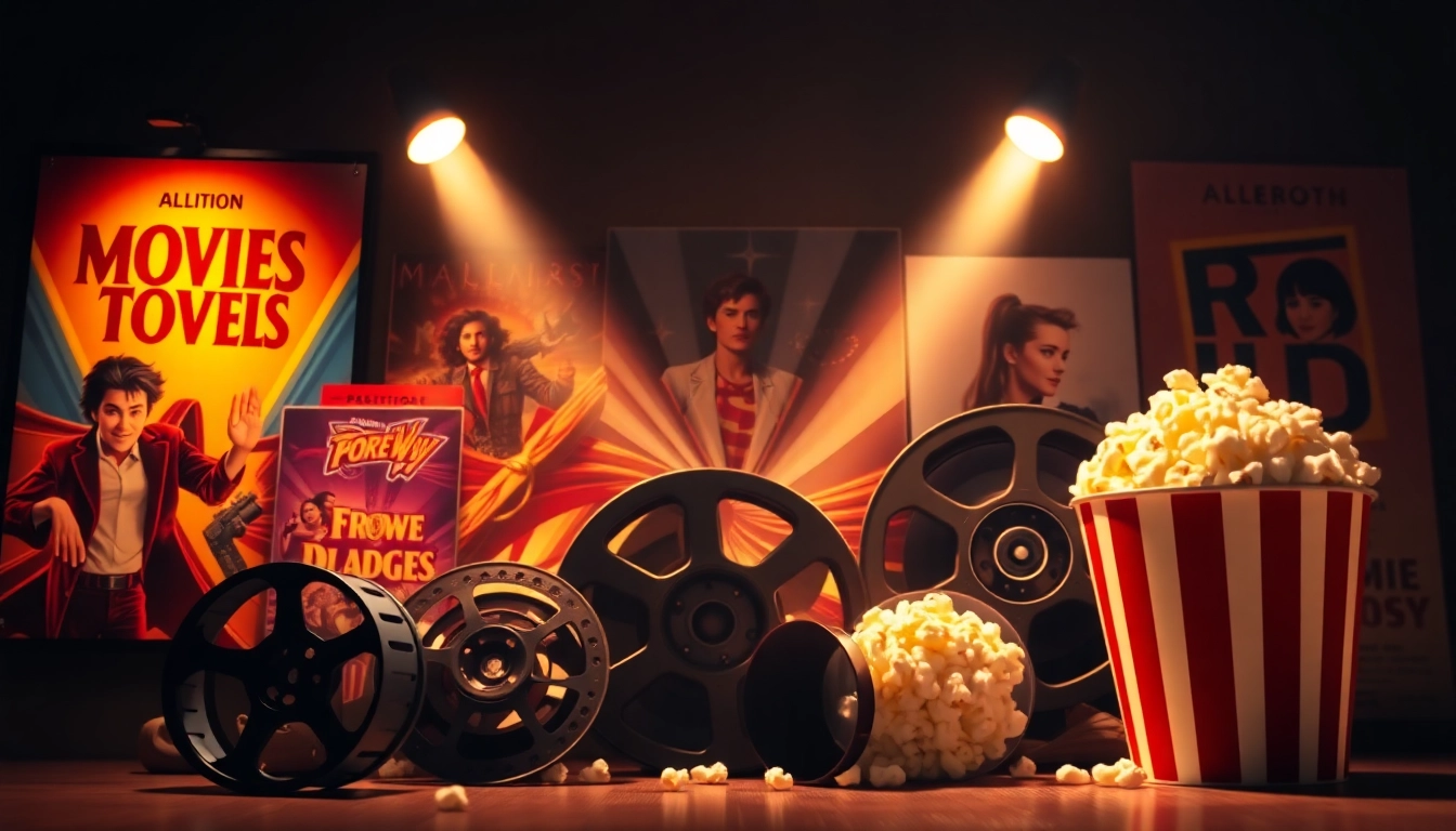 Explore captivating filmlygod moments in a colorful collage of movie posters and popcorn.