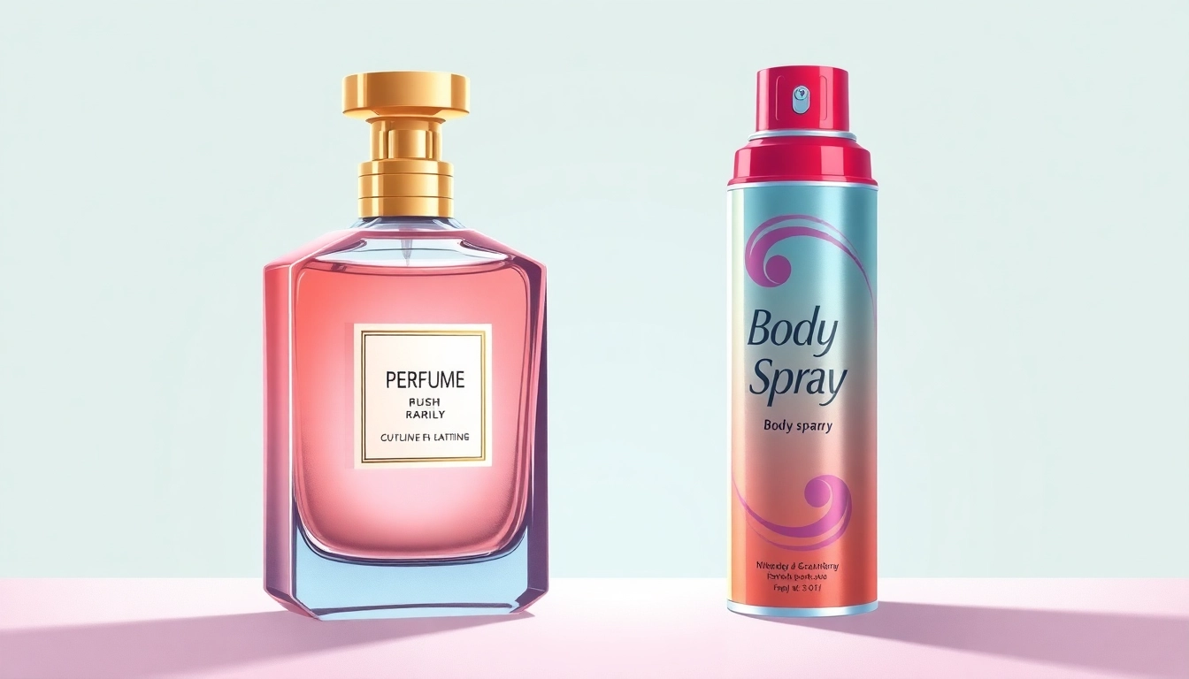 Contrast between perfume vs body spray through a luxurious bottle and vibrant can.