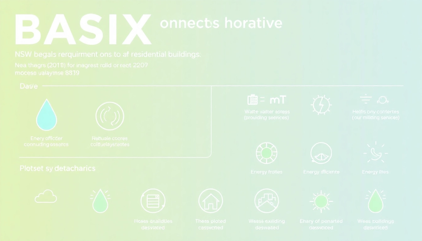 BASIX requirements infographic illustrating energy and water efficiency standards needed for residential buildings.