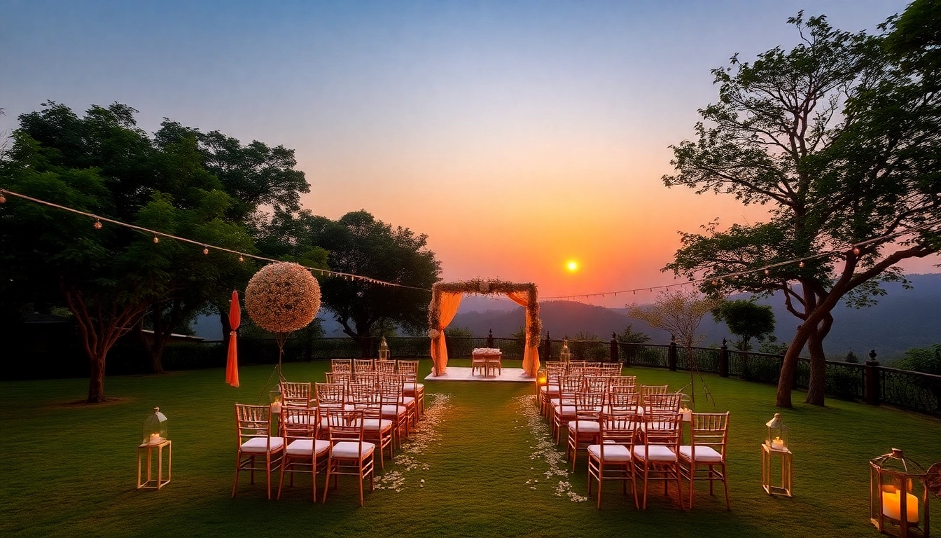 Beautiful outdoor wedding setup at Lonavala wedding resorts, showcasing lush greenery and soft lighting.