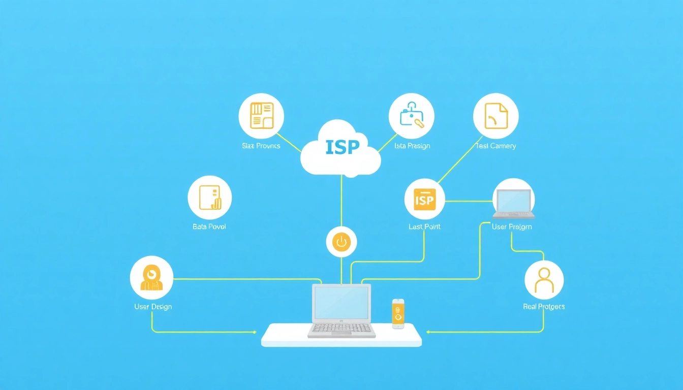 Visualize how Whats an ISP connects users to the internet through various service options and devices.