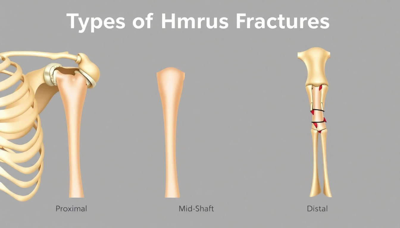 Visual representation of types of humerus fractures including proximal, mid-shaft, and distal categories.