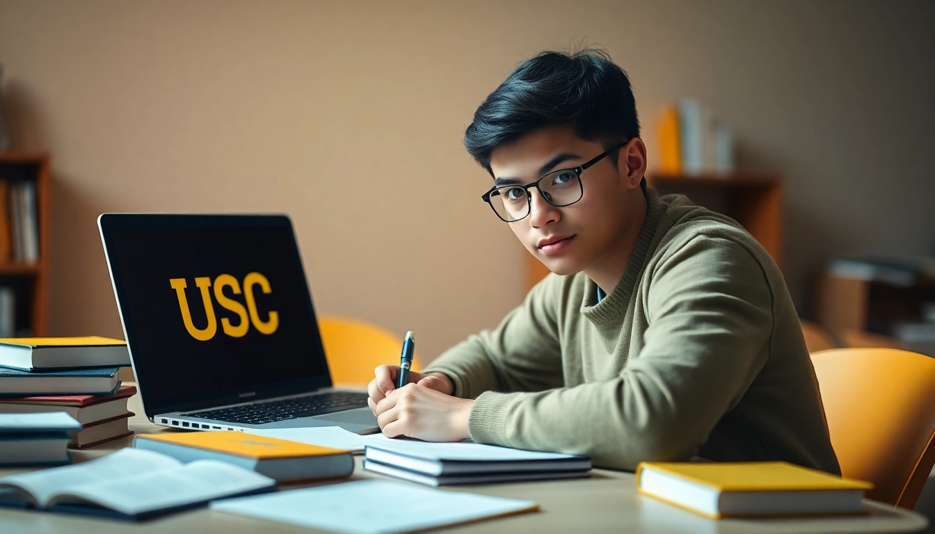 Capture a student writing how to write the usc supplemental essays with books and a laptop in a warm, motivating setting.