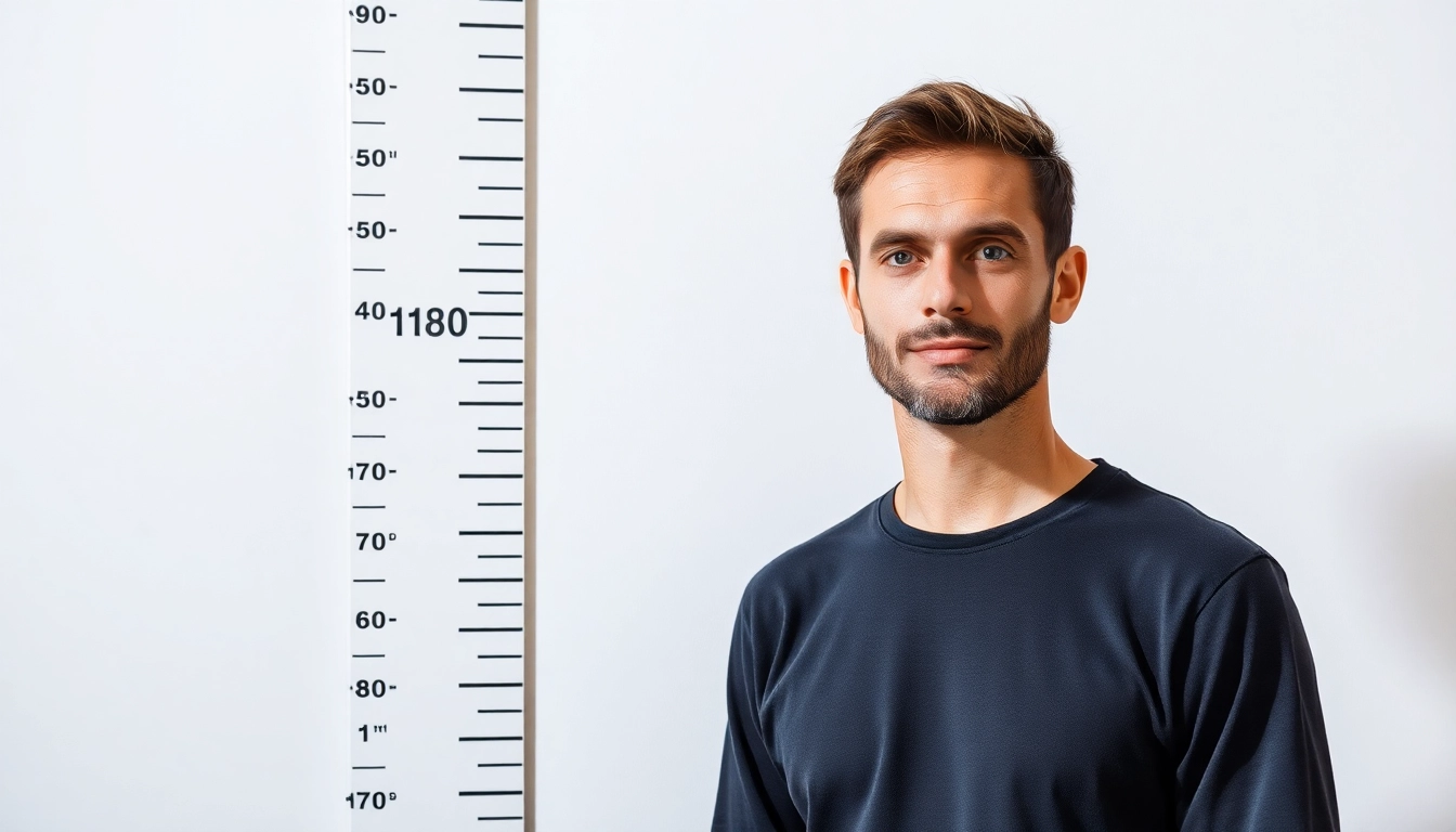 Man confidently standing next to a measurement chart emphasizing 180 cm height for visual comparison.