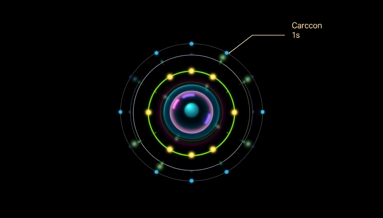 Illustrate the electron configuration for carbon, highlighting the 1s2 2s2 2p2 arrangement with clear layers and vibrant colors.