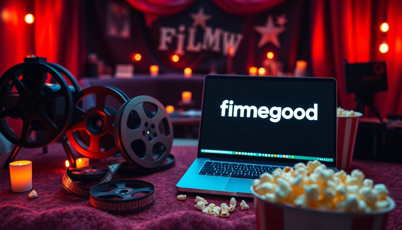 Experience engaging film reviews with filmegood's cozy cinematic setup featuring reels and popcorn.