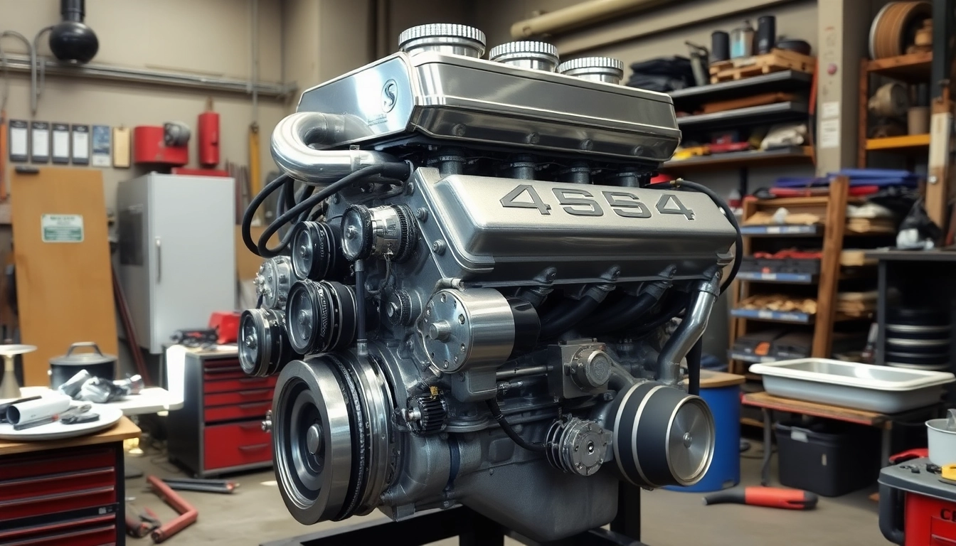 Showcasing a used 454 engine in a mechanic's workshop, featuring tools and chrome detailing.