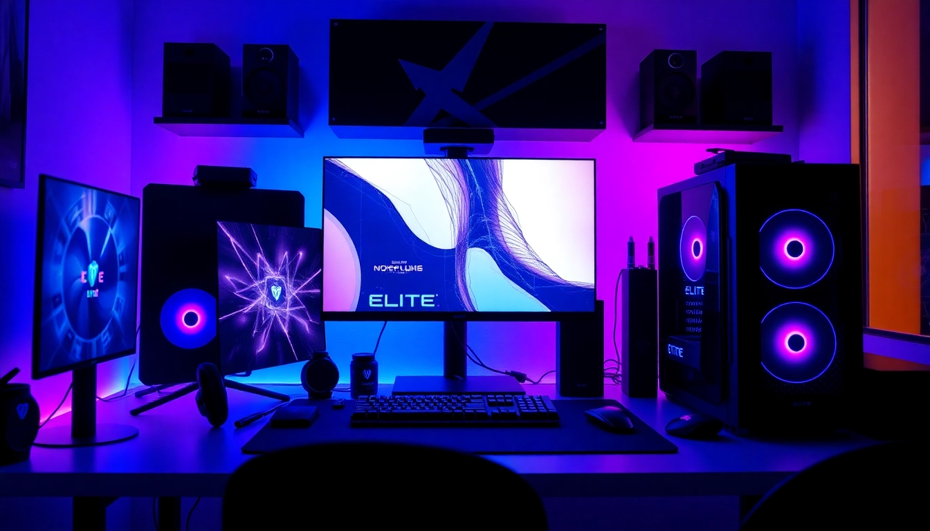 Showcasing elite hubs in a stylish gaming setup with high-quality PC and vibrant LED lights.