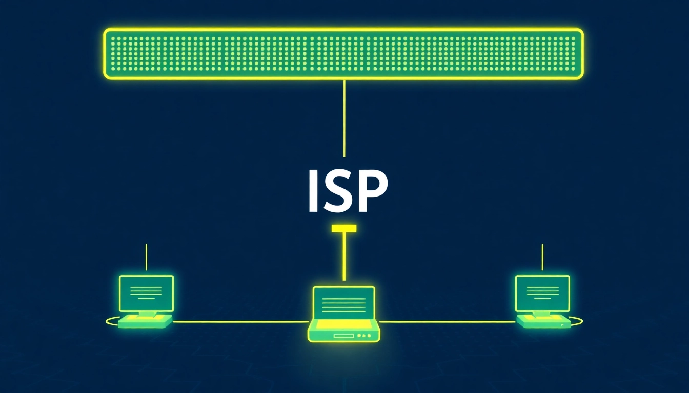 Illustration depicting what an ISP for internet looks like, showcasing connection lines and network points.