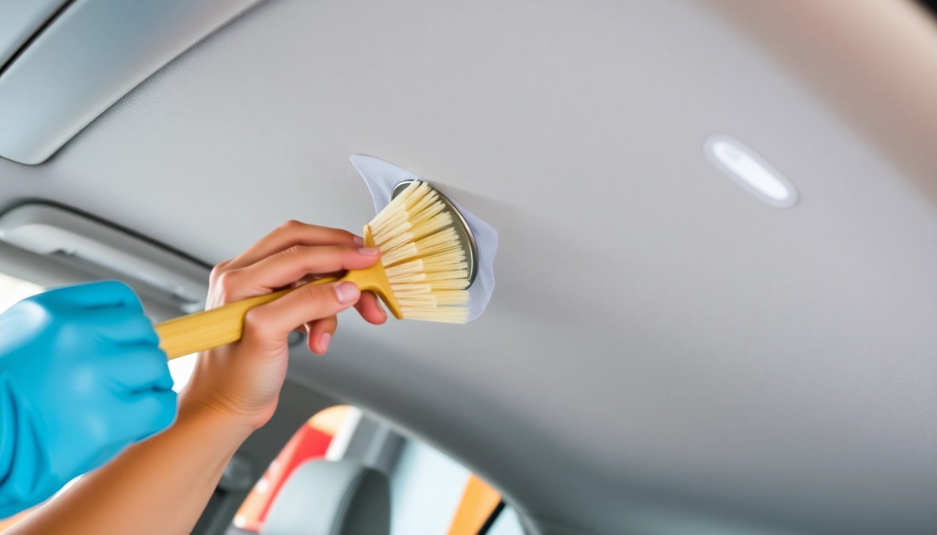 Gently scrub cleaning car interior roof fabric using a microfiber towel and delicate brush for optimal results.