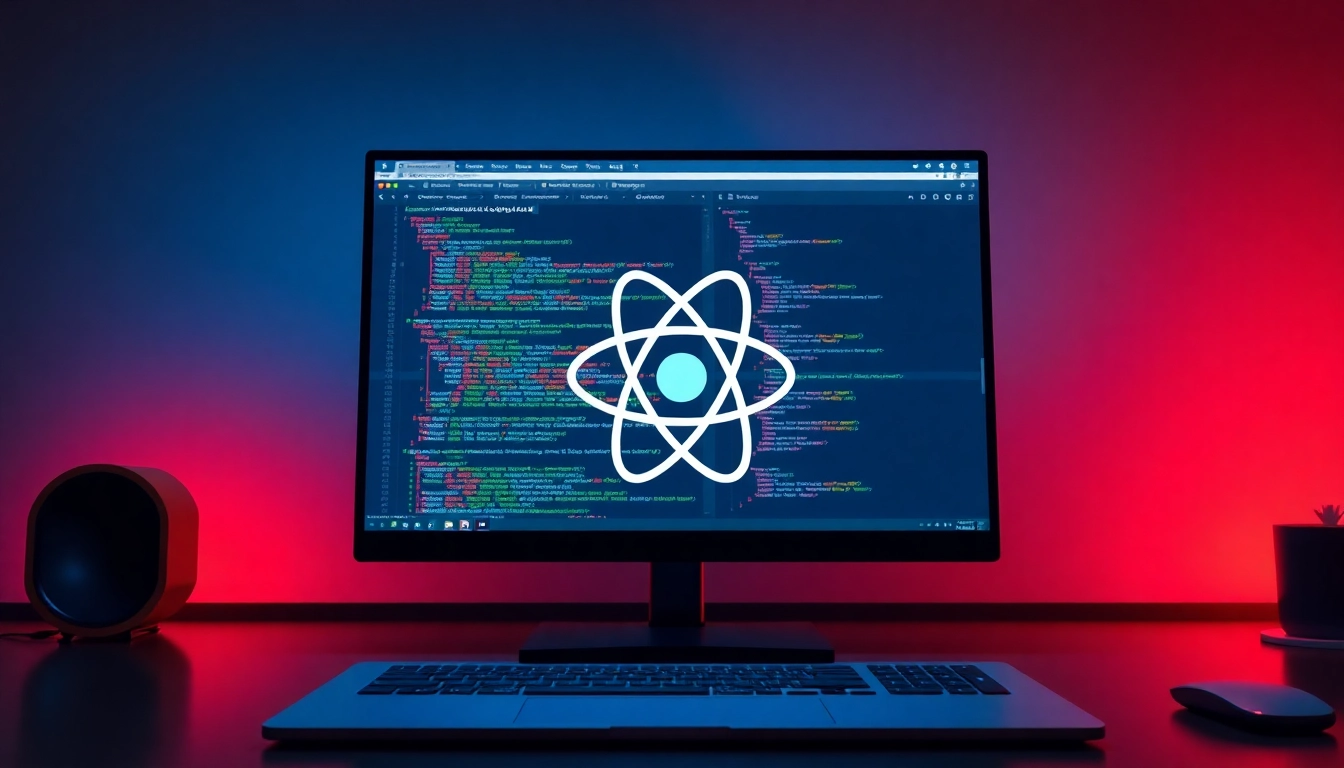 Illustrate why use react through a modern UI design showcasing interactive components and coding elements.