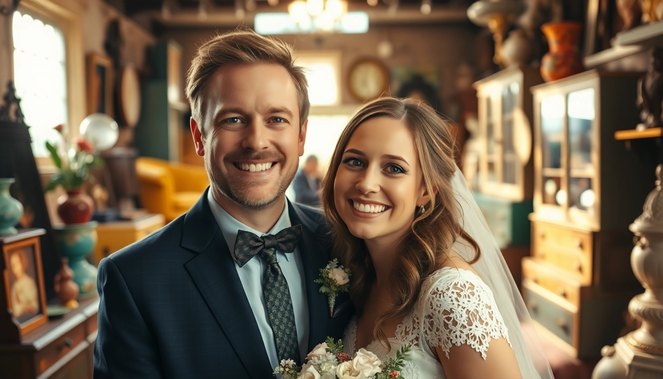 Drew Pritchard new wife smiling together in a vintage shop, surrounded by antiques.