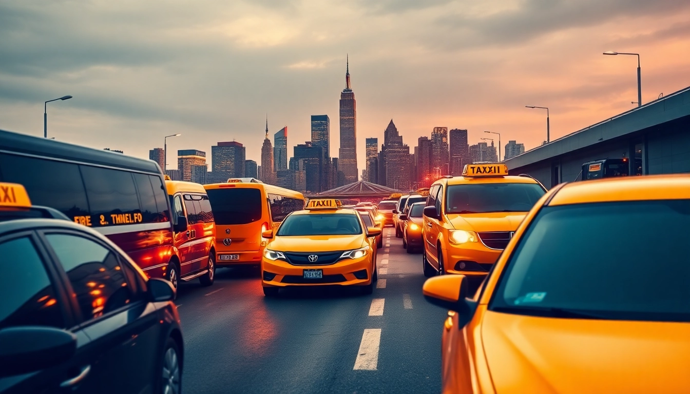 Best New York airport transfers capturing iconic yellow taxis and shuttles in the lively NYC environment.