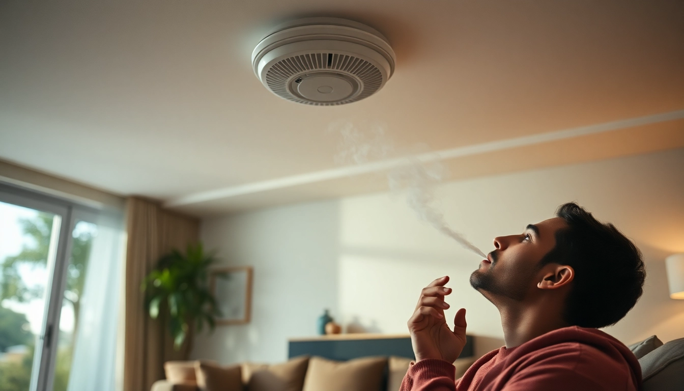 Person vaping in a stylish living room, researching does vaping set off fire alarms issues.